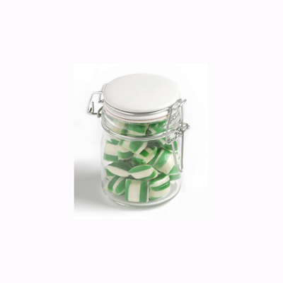 CC020D2 - Corporate Coloured Humbugs In Glass Clip Lock Jar 160G (Full Colour Sticker)