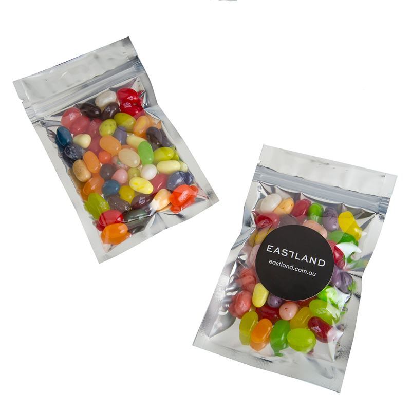 Silver Zip Lock Bag with JELLY BELLY Jelly Beans 50g (Full Colour Sticker)